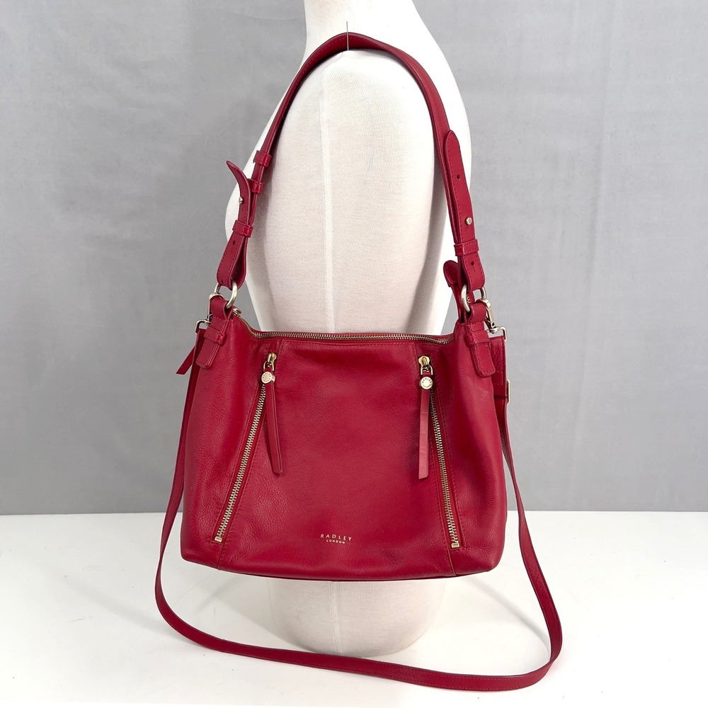 Radley London Womens Crossbody Shoulder Bag Red Pebbled Leather Zip Details